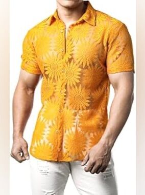 JOGAL Mens Floral Lace Shirt See Through Casual Button Down Shirts Large